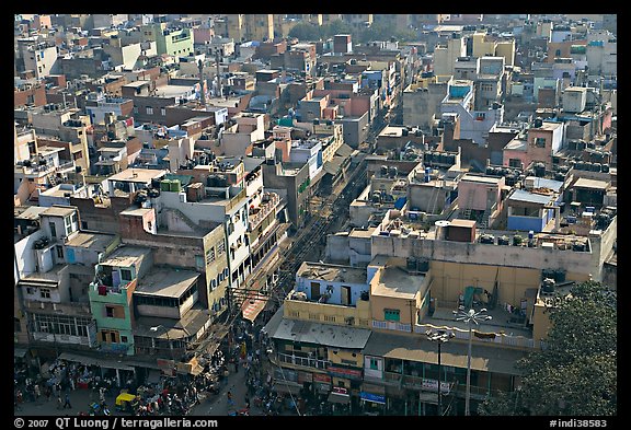 View of Old Delhi streets and houses from above. New Delhi, India