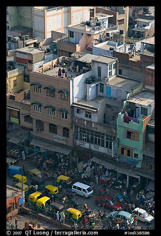 Street traffic and buildings from above, Old Delhi. New Delhi, India