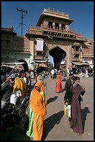 Women in front of Sardar Market gate. Jodhpur, Rajasthan, India (color)