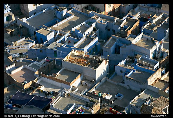 Cubist geometry of rooftops seen from above. Jodhpur, Rajasthan, India