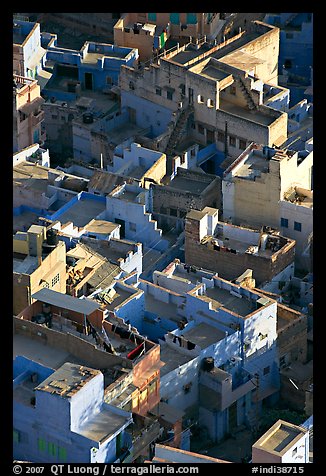 Terraces on top of blue houses seen from above. Jodhpur, Rajasthan, India