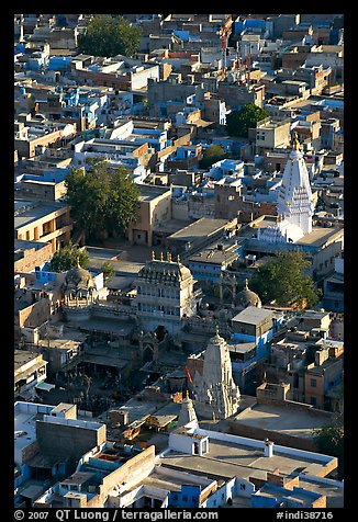 Old town rooftops and shrines seen from Mehrangarh Fort. Jodhpur, Rajasthan, India (color)