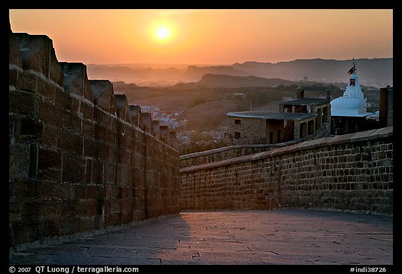 Mehrangarh Fort walls and Chamunda Devi temple. Jodhpur, Rajasthan, India (color)