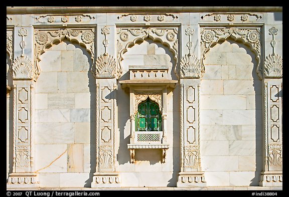 Detail of wall built of carved sheets of marble, Jaswant Thada. Jodhpur, Rajasthan, India