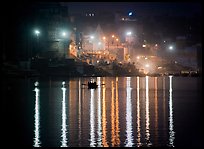 Ganges River at night with Ghat lights  reflected. Varanasi, Uttar Pradesh, India