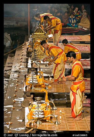 Brahmans preparing for evening puja. Varanasi, Uttar Pradesh, India (color)