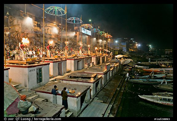 Aarti ceremony on the banks of the Ganga River. Varanasi, Uttar Pradesh, India (color)