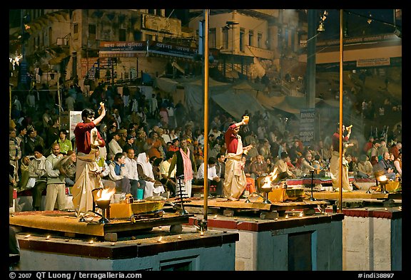 Brahmans performing evening arti ceremony. Varanasi, Uttar Pradesh, India