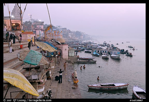 Foggy dawn on the banks of the Ganges River. Varanasi, Uttar Pradesh, India