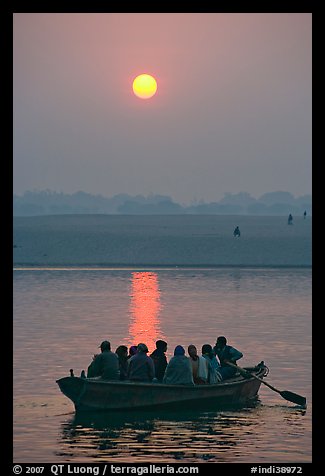 Boat on the Ganges River at sunrise. Varanasi, Uttar Pradesh, India (color)