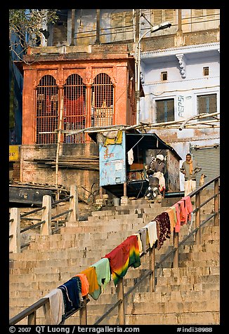 Laundry on hand-rail of ghat steps. Varanasi, Uttar Pradesh, India (color)