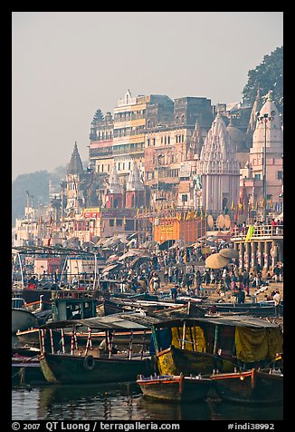 Boats and Dasaswamedh Ghat, sunrise. Varanasi, Uttar Pradesh, India