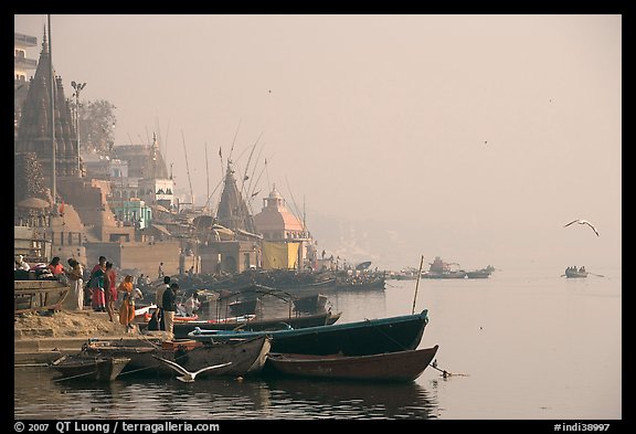 Temples and Ganga River, foggy sunrise. Varanasi, Uttar Pradesh, India