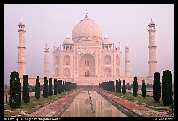 Taj Mahal reflected in watercourse,  sunrise. Agra, Uttar Pradesh, India (color)