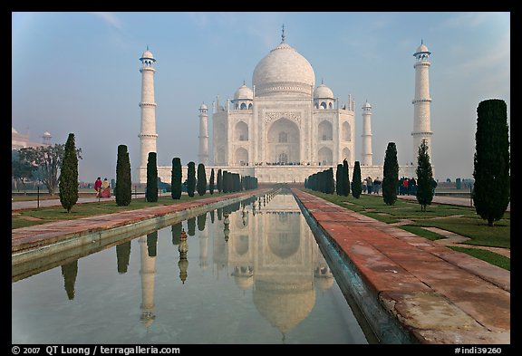 Mughal gardens with watercourse and Taj Mahal. Agra, Uttar Pradesh, India (color)