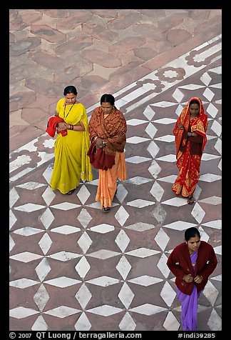 Women walking on decorated terrace, Taj Mahal. Agra, Uttar Pradesh, India
