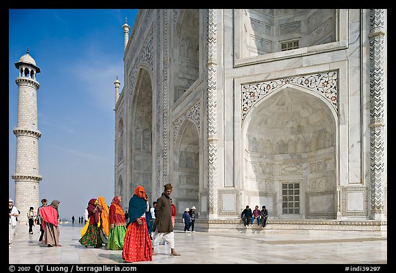 Base of Taj Mahal, minaret, and tourists. Agra, Uttar Pradesh, India (color)