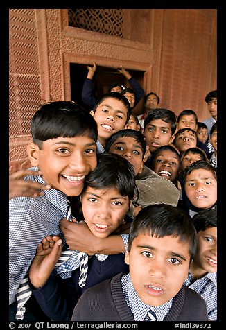 Group of schoolboys in front of Rumi Sultana. Fatehpur Sikri, Uttar Pradesh, India (color)