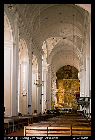 Nave and altar of Se Cathedral , Old Goa. Goa, India (color)