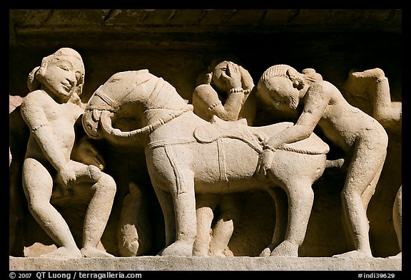 Sculptures with shocking sexual activity, Lakshmana temple. Khajuraho, Madhya Pradesh, India (color)