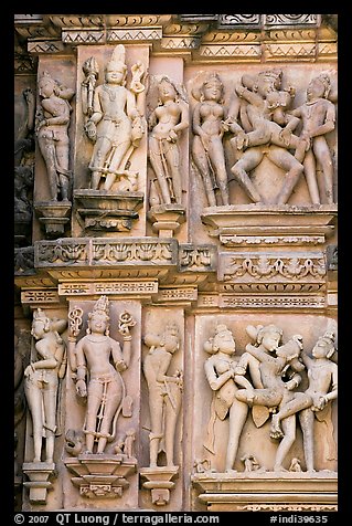 Apsaras and mithunas, Kadariya-Mahadeva temple. Khajuraho, Madhya Pradesh, India (color)