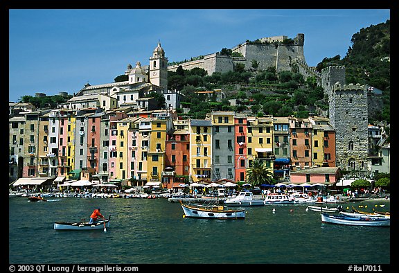Castle, village, and harbor, Porto Venere. Liguria, Italy (color)