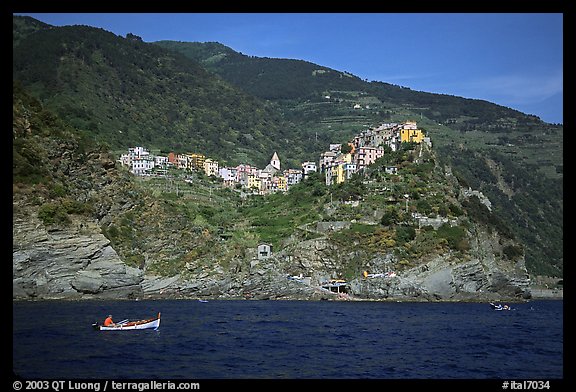 Corniglia, on ridge high above the Mediterranean sea. Cinque Terre, Liguria, Italy