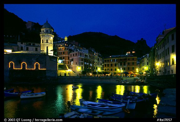 Harbor and seaside Piazza Guglielmo Marconi at night, Vernazza. Cinque Terre, Liguria, Italy (color)