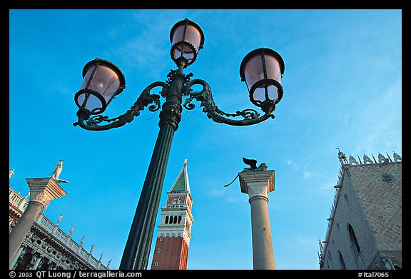 Lamps, Campanile, column with Lion, Piazza San Marco (Square Saint Mark), early morning. Venice, Veneto, Italy (color)
