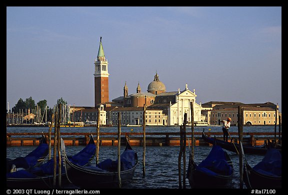 Gondolas, Canale della Guidecca, San Giorgio Maggiore church, late afternoon. Venice, Veneto, Italy (color)