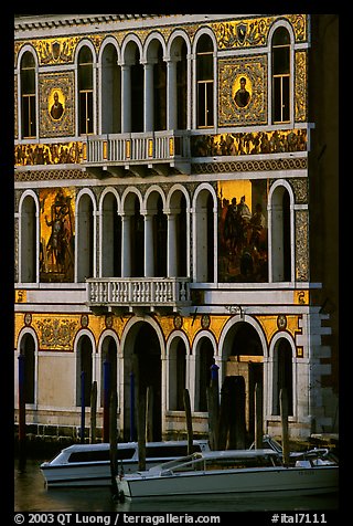 Beautiful colored marbles on facade of Palazzo Dorio (1487), the Grand Canal. Venice, Veneto, Italy
