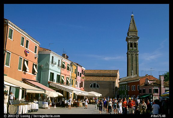 Street and church, Burano. Venice, Veneto, Italy