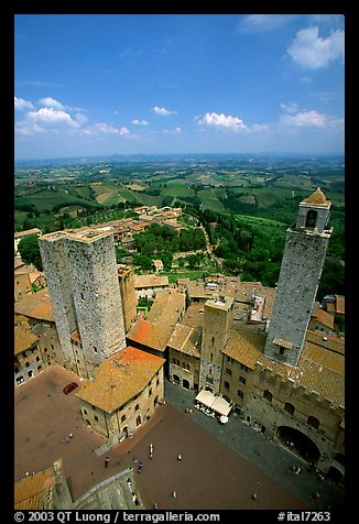 Piazza del Duomo seen from Torre Grossa. San Gimignano, Tuscany, Italy (color)