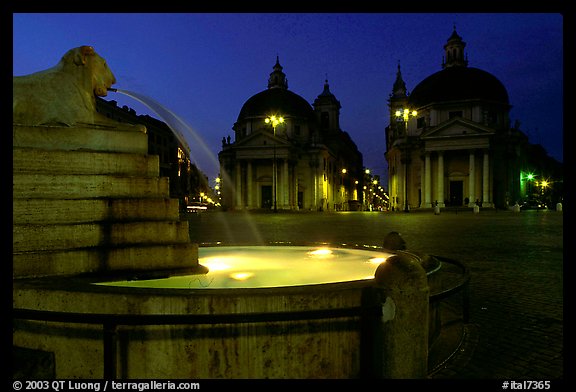 Fountain in Piazza Del Popolo at night. Rome, Lazio, Italy