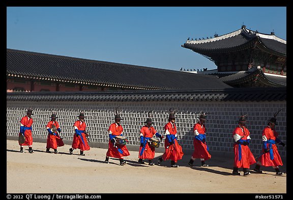 Military band marching, Gyeongbokgung palace. Seoul, South Korea (color)