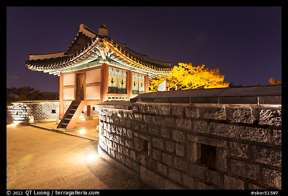 Seoporu (western sentry post) at night, Suwon Hwaseong Fortress. South Korea (color)
