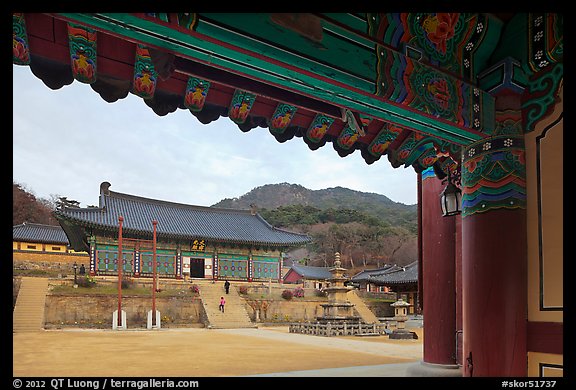 Haeinsa Temple framed by entrance gate. South Korea
