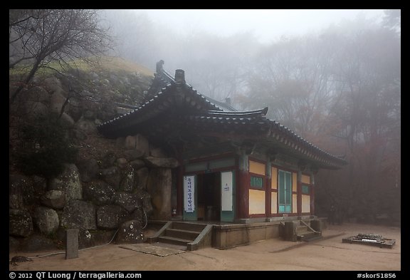 Grotto entrance pavilion in fog, Seokguram. Gyeongju, South Korea (color)