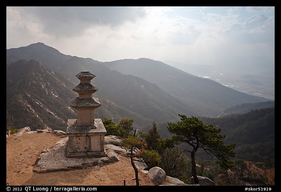 Samnyundaejwabul pagoda and mountain landscape, Namsan Mountain. Gyeongju, South Korea (color)