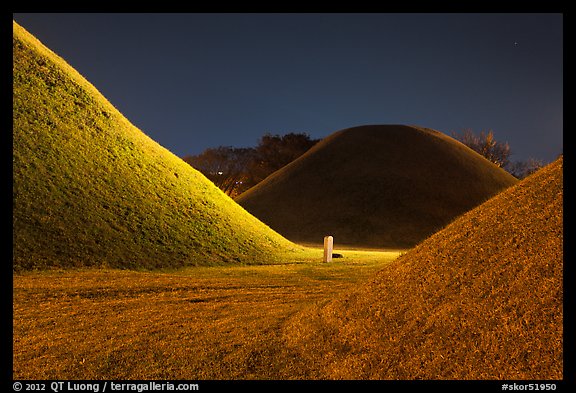 Burial mounds and tombs at night. Gyeongju, South Korea (color)