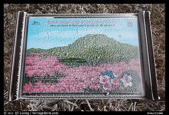 Frosted sign depicting spring landscape, Hallasan. Jeju Island, South Korea