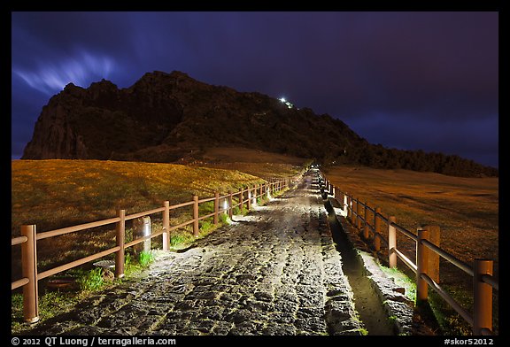 Path to  Seongsang Ilchulbong at night. Jeju Island, South Korea