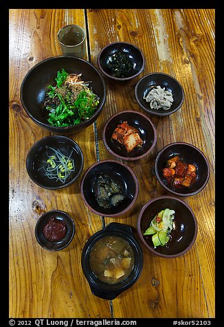Meal with assorted kim-chi. Jeju Island, South Korea