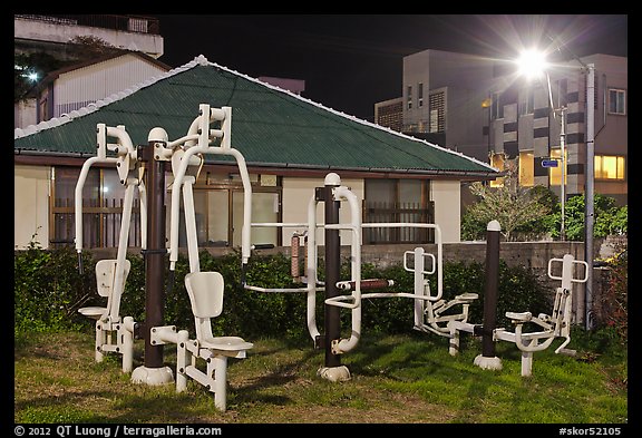 Exercise equipment in yard at night, Seogwipo. Jeju Island, South Korea (color)
