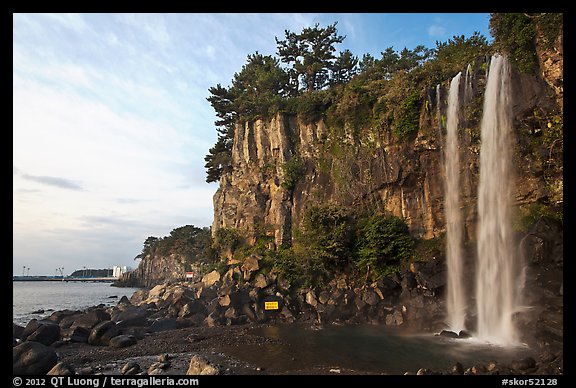 Jeongbang Pokpo, only waterfall in Asia dropping into sea, Seogwipo. Jeju Island, South Korea (color)