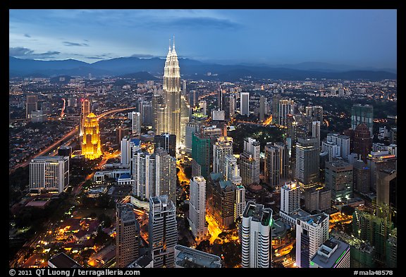 KL skyline with Petronas Towers from above, dusk. Kuala Lumpur, Malaysia