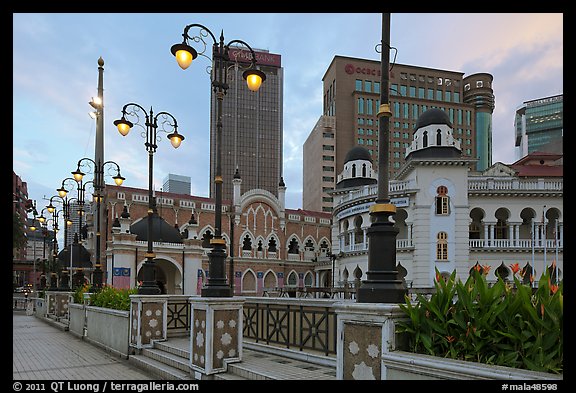 Street lamps and historic buildings at dawn, Merdeka Square. Kuala Lumpur, Malaysia (color)