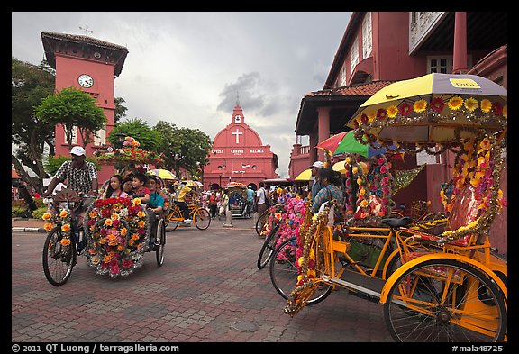 Trishaws, clock tower, and church. Malacca City, Malaysia (color)