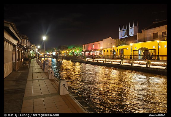 Melaka River at night with St Peters Church towers. Malacca City, Malaysia