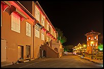 Stadthuys and clock tower at night. Malacca City, Malaysia